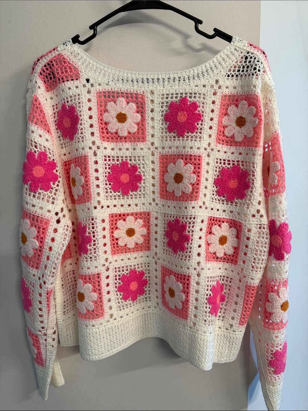 BiBi Cream Crochet Cardigan with Pink & Hot Pink Floral Squares - Picture 6 of 6